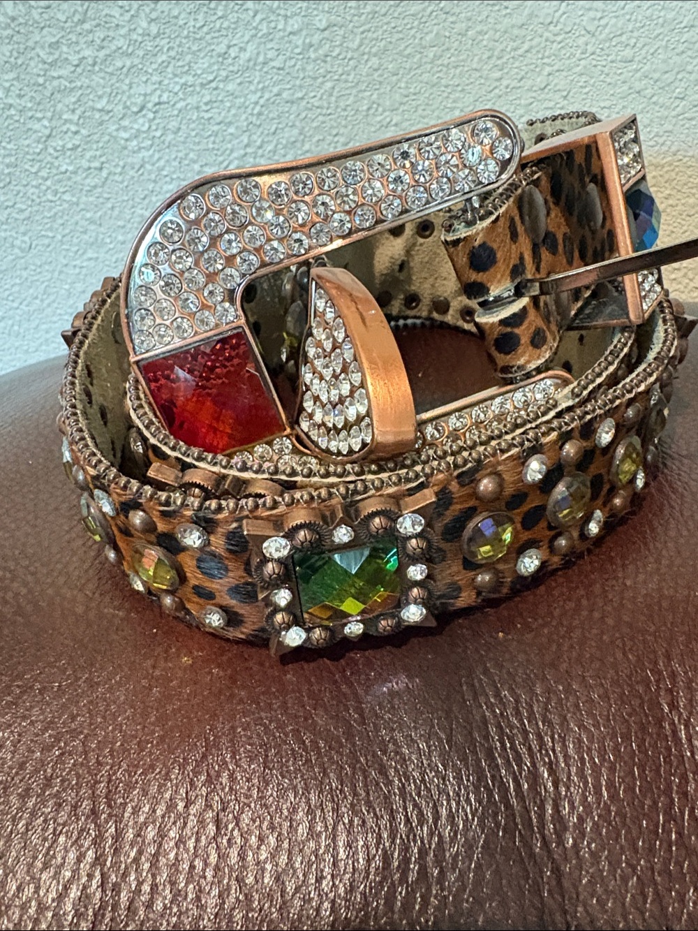 Leopard Print Crystal Accent Women’s Belt - Brown